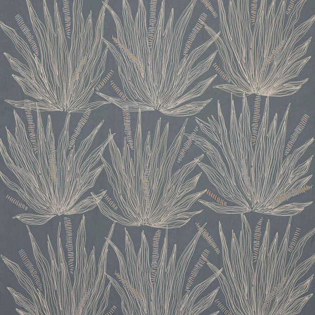 Oversized botanical fabric pattern on muted sea blue ground with pale leaf outlines