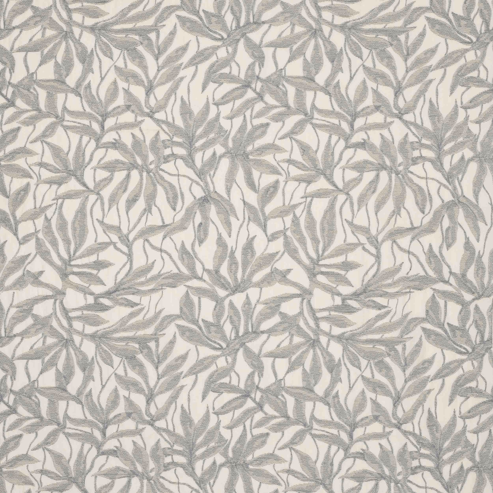 Pale sea glass grey-green leafy botanical fabric on an ivory ground