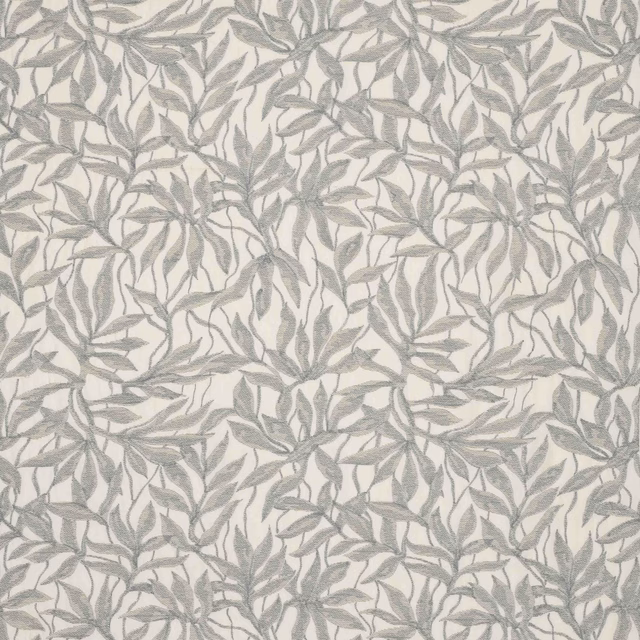 Pale sea glass grey-green leafy botanical fabric on an ivory ground