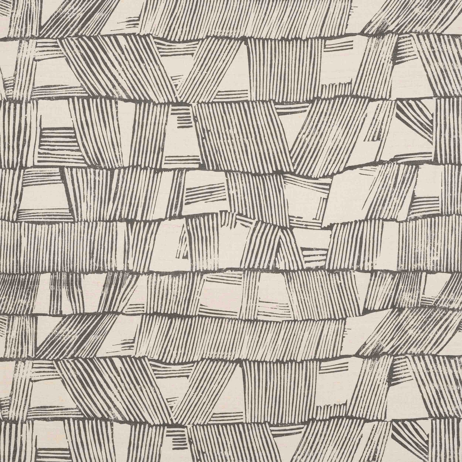 Cream silk fabric with bark-brown geometric stripe blocks in a large repeat
