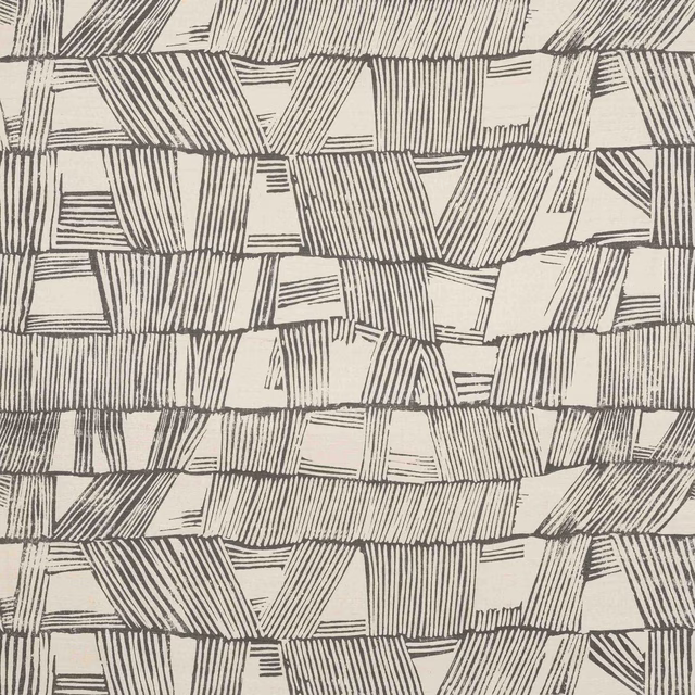 Cream silk fabric with bark-brown geometric stripe blocks in a large repeat