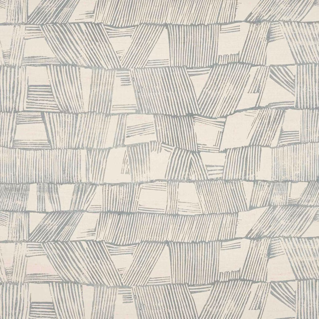 Pale silk fabric with soft sea-blue geometric stripe motif on ivory ground