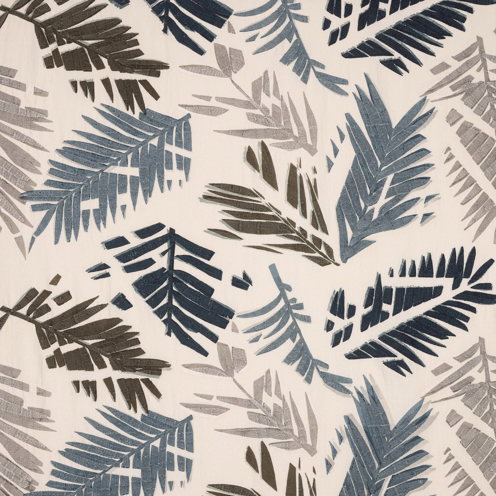 Blue, grey and navy palm-leaf print on an ivory textured linen-blend ground