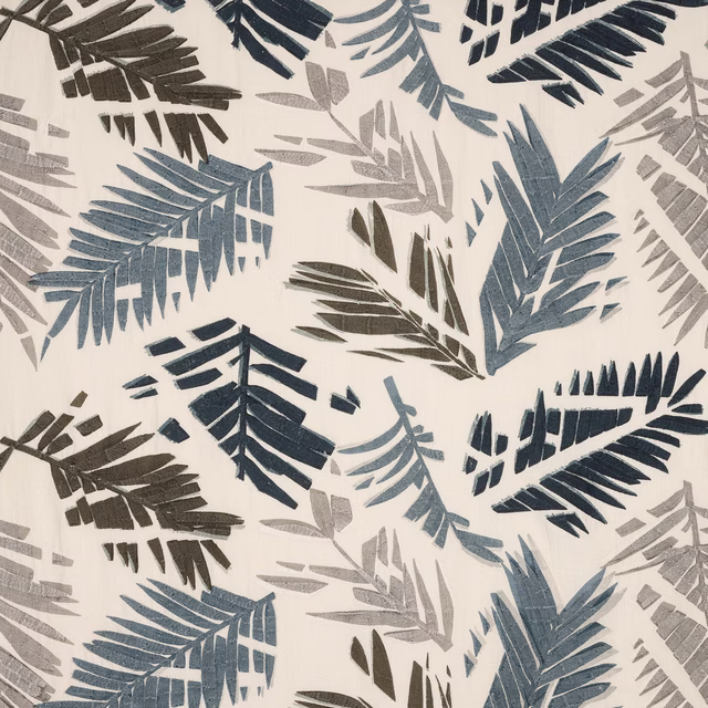 Blue, grey and navy palm-leaf print on an ivory textured linen-blend ground