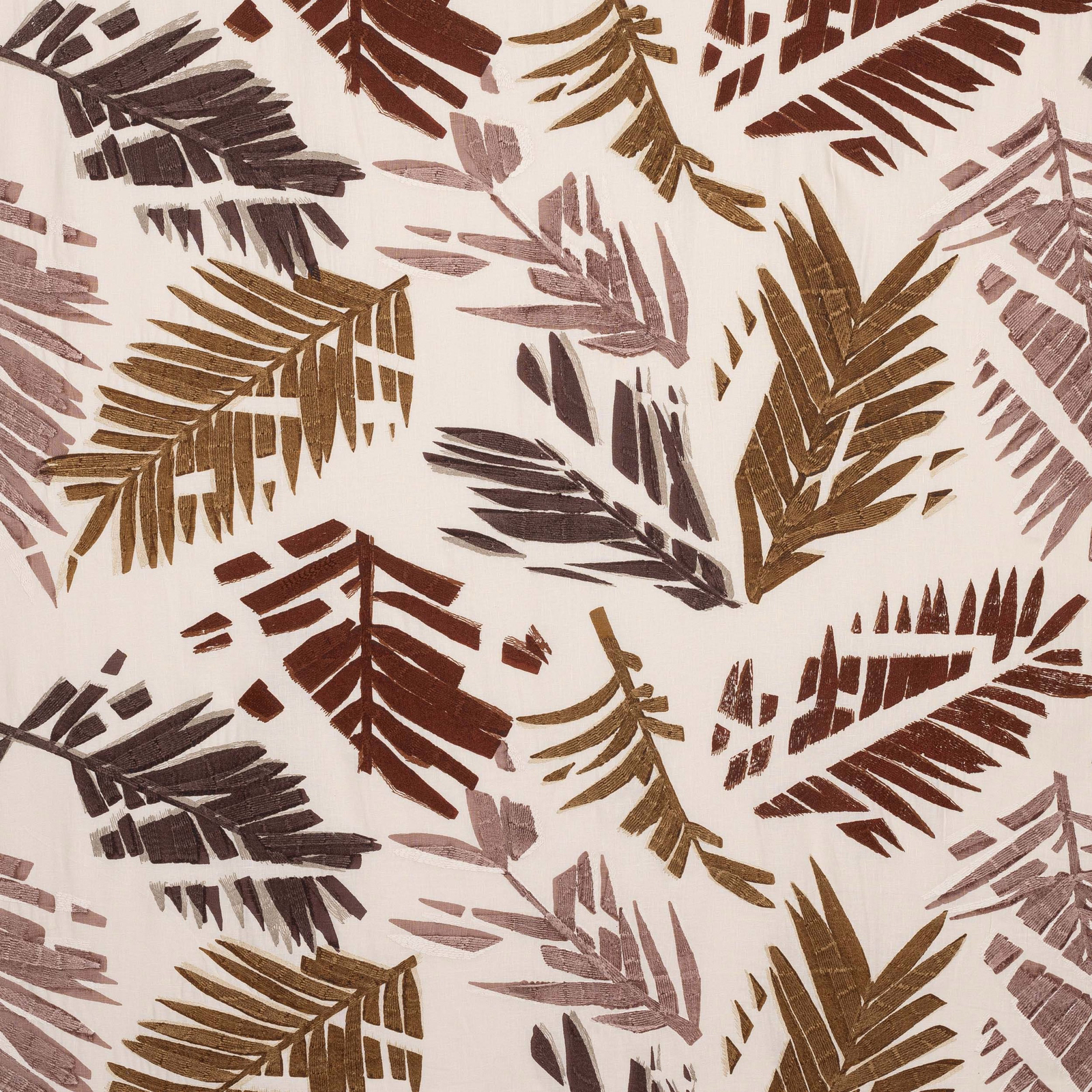 Cream fabric swatch with large leafy botanical print in rust, olive and plum tones