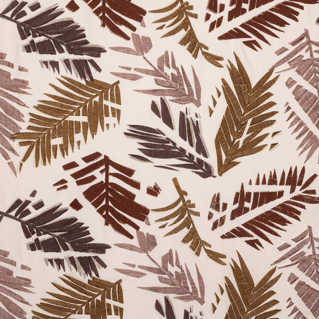 Cream fabric swatch with large leafy botanical print in rust, olive and plum tones