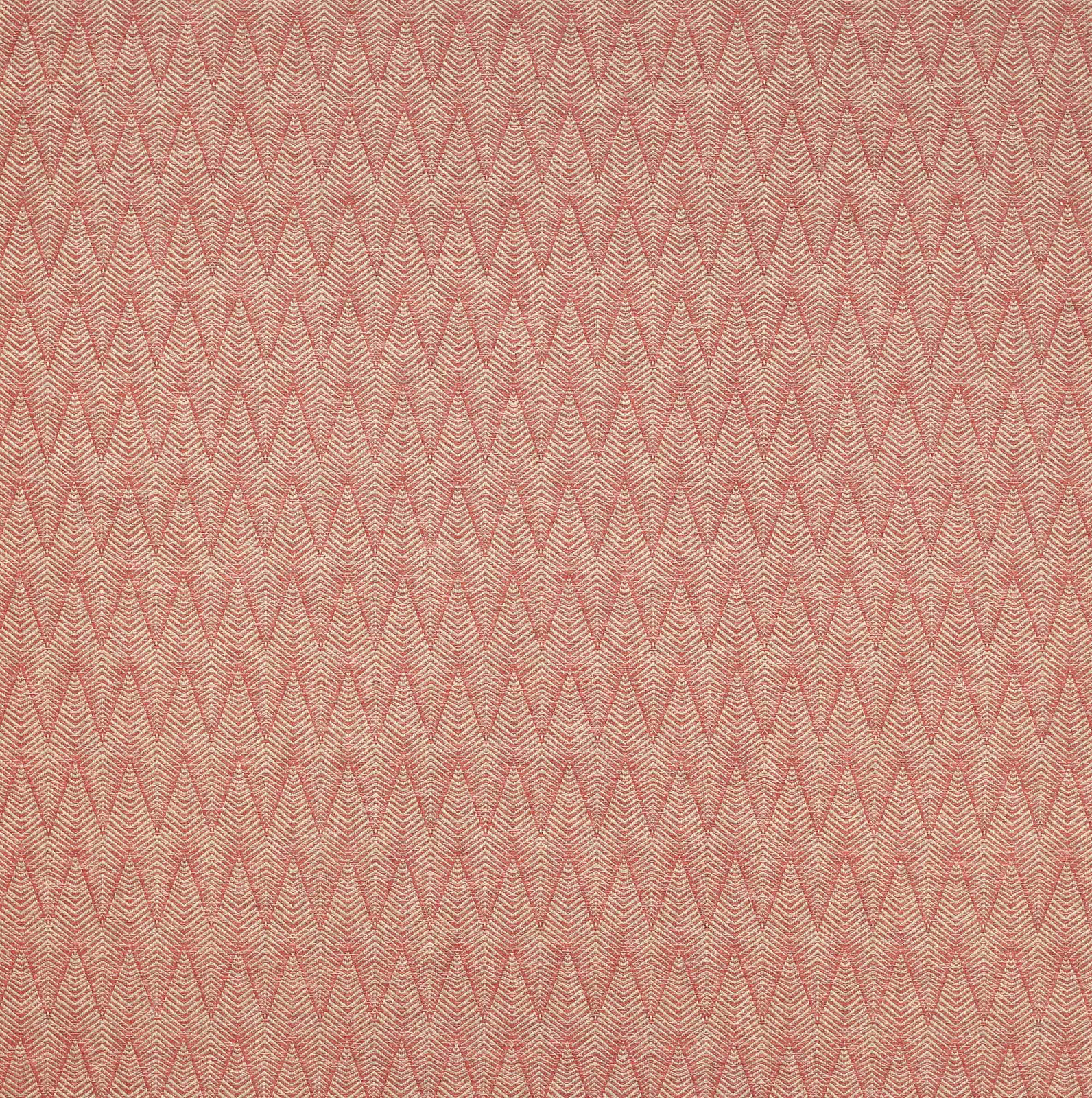 Coral-red chevron woven fabric swatch with pale neutral herringbone texture