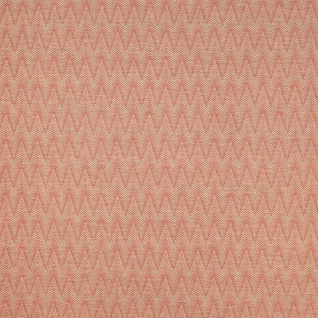 Coral-red chevron woven fabric swatch with pale neutral herringbone texture