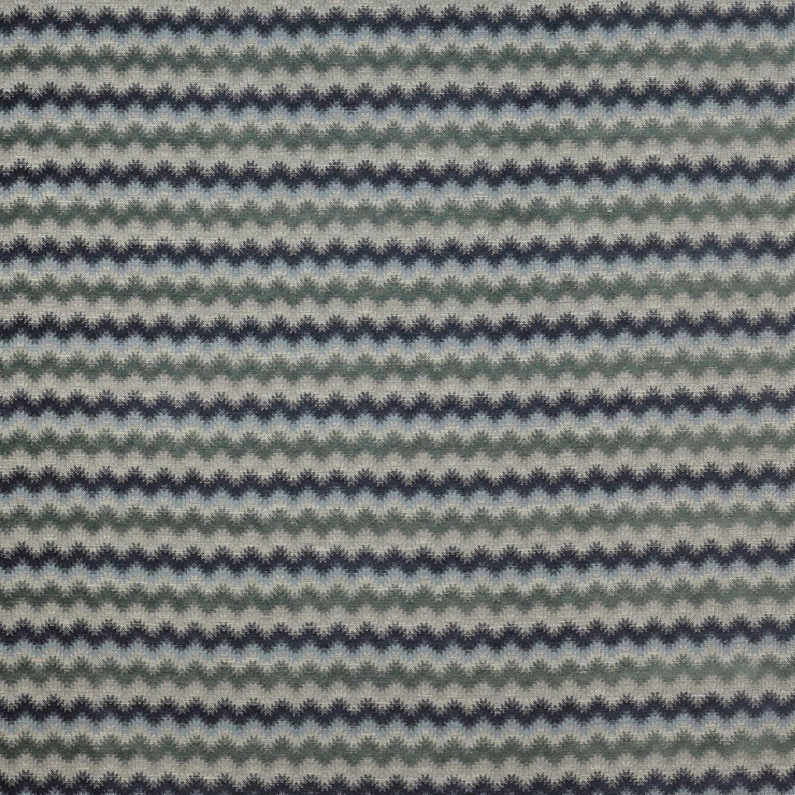 Blue-grey woven fabric with zigzag horizontal stripes in navy and sage tones