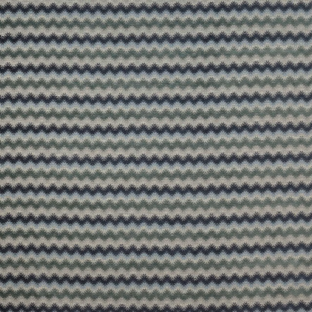Blue-grey woven fabric with zigzag horizontal stripes in navy and sage tones