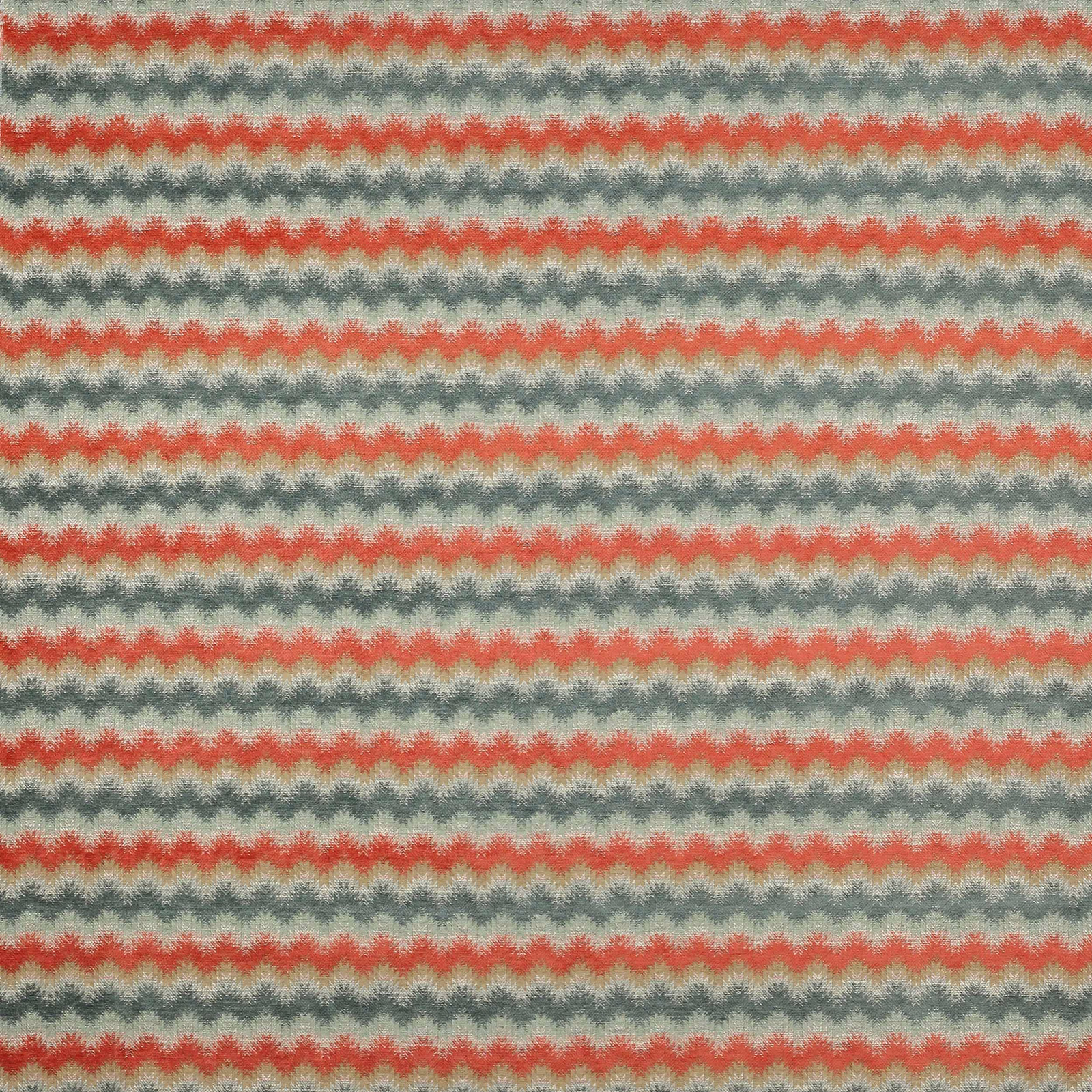 Teal and coral zigzag woven stripe fabric with pale cream accents