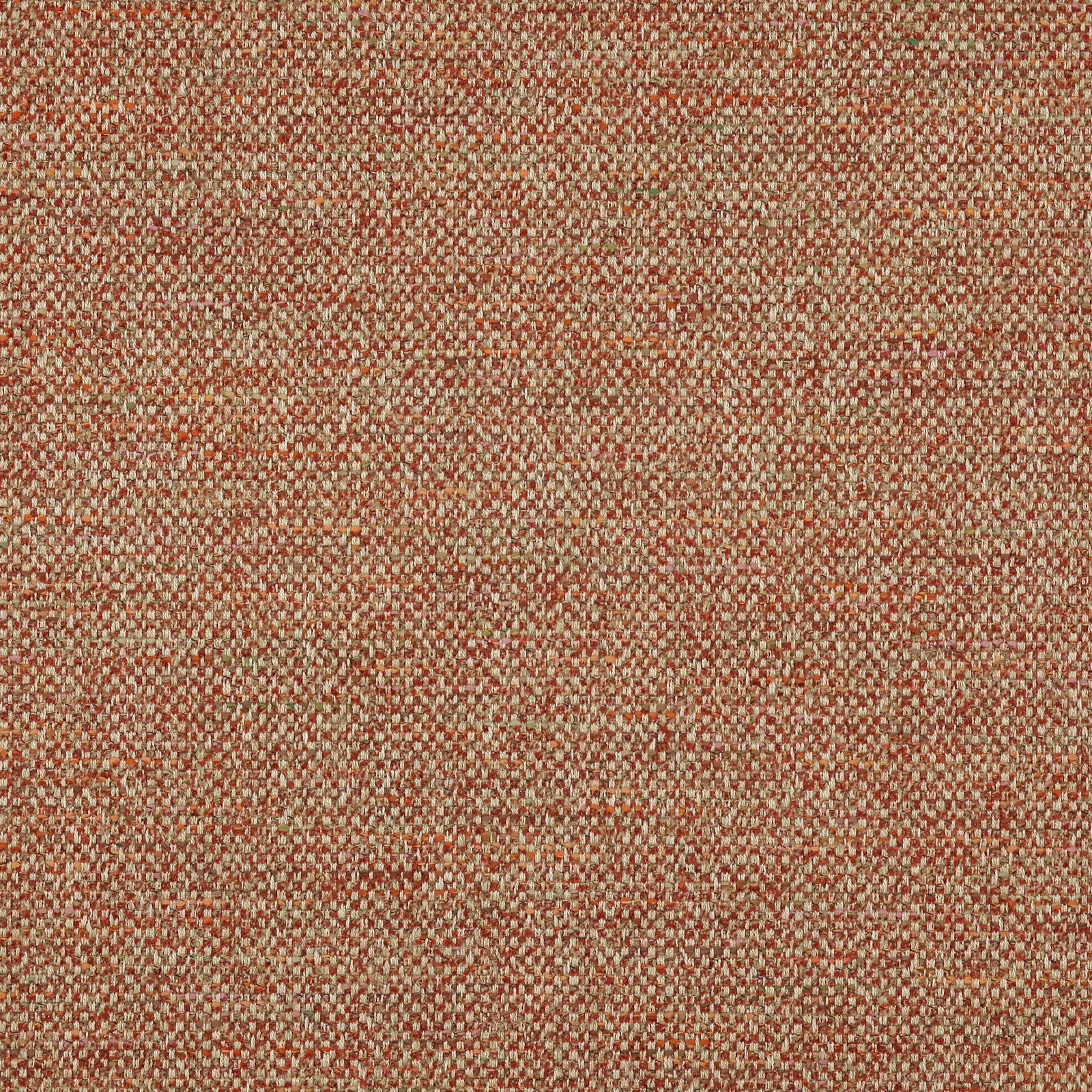 Close-up of warm brick-red woven fabric with beige and rust speckling
