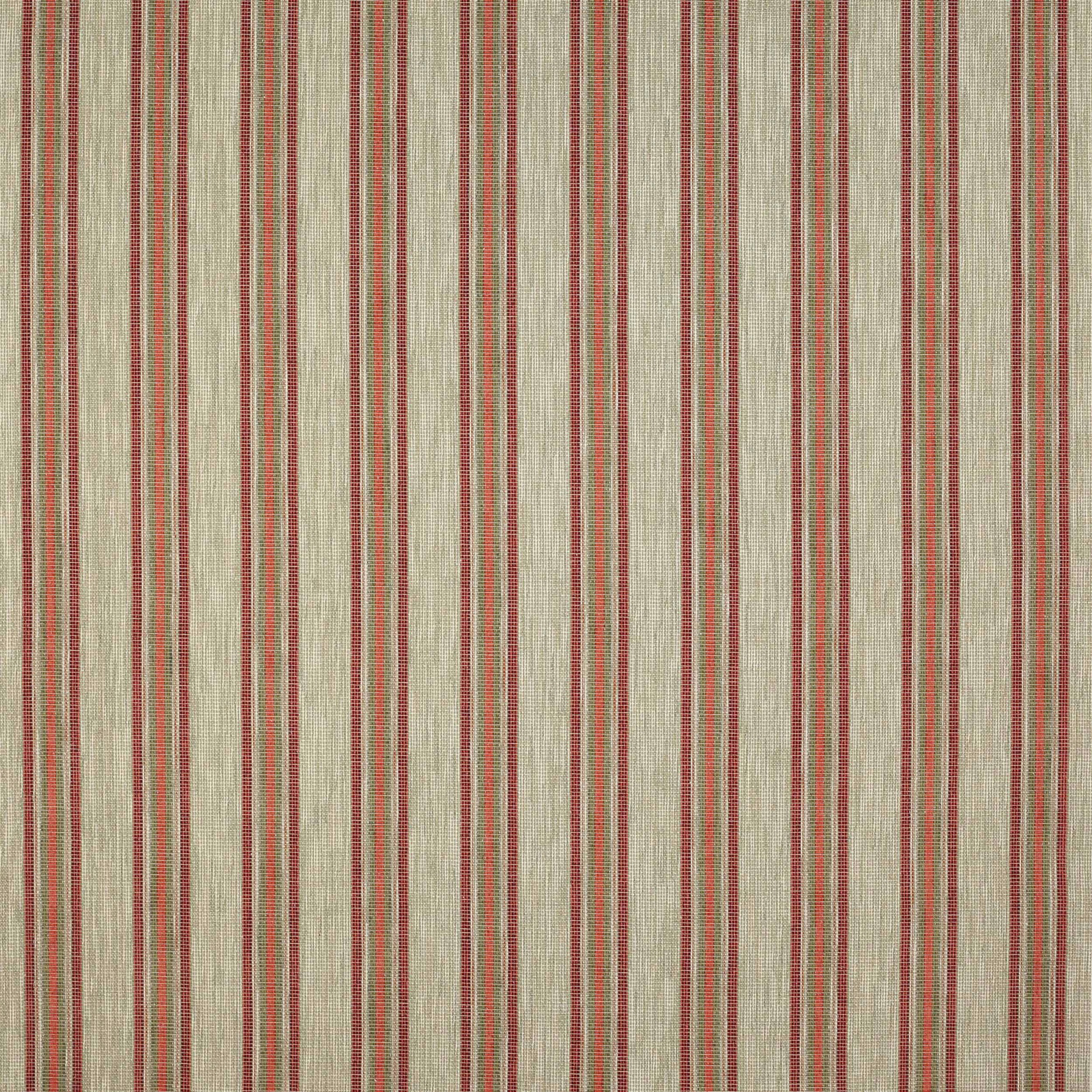 Vertical red and green stripe fabric on a pale woven ground