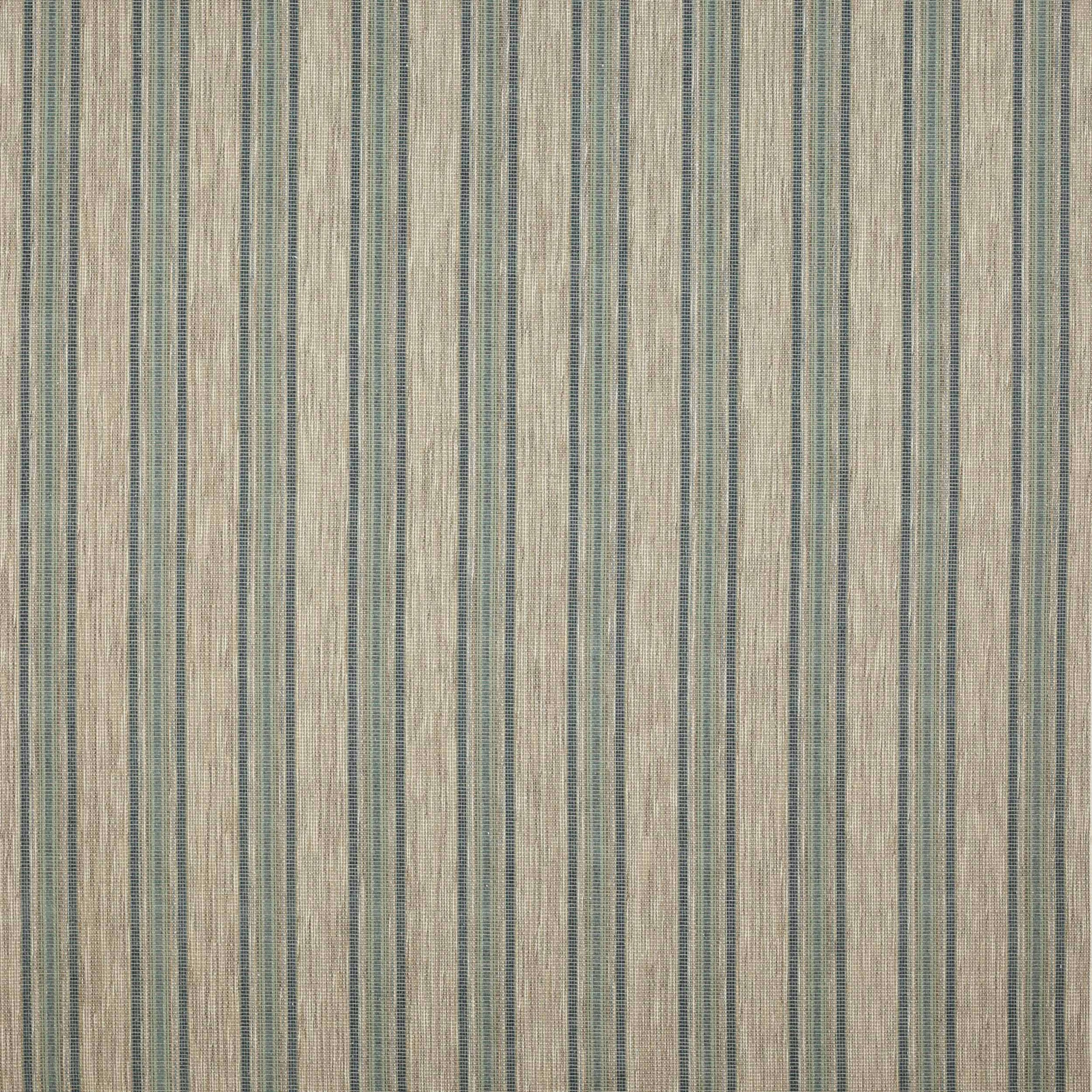 Vertical teal and beige striped woven fabric with a lightly slubbed texture