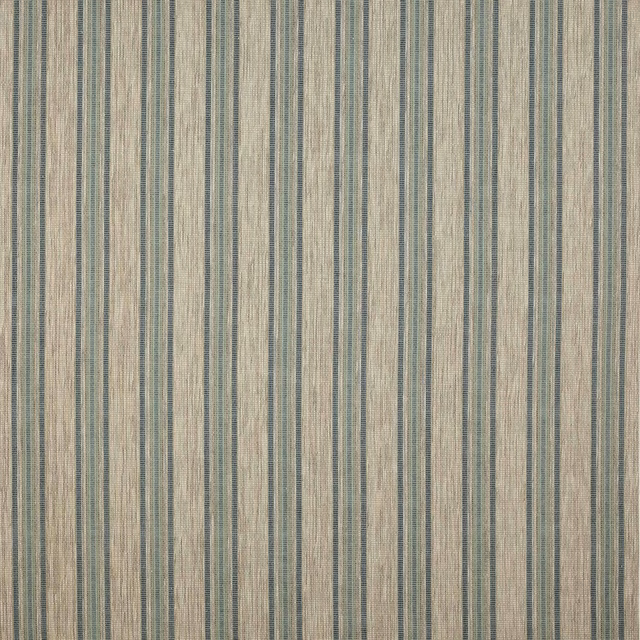 Vertical teal and beige striped woven fabric with a lightly slubbed texture