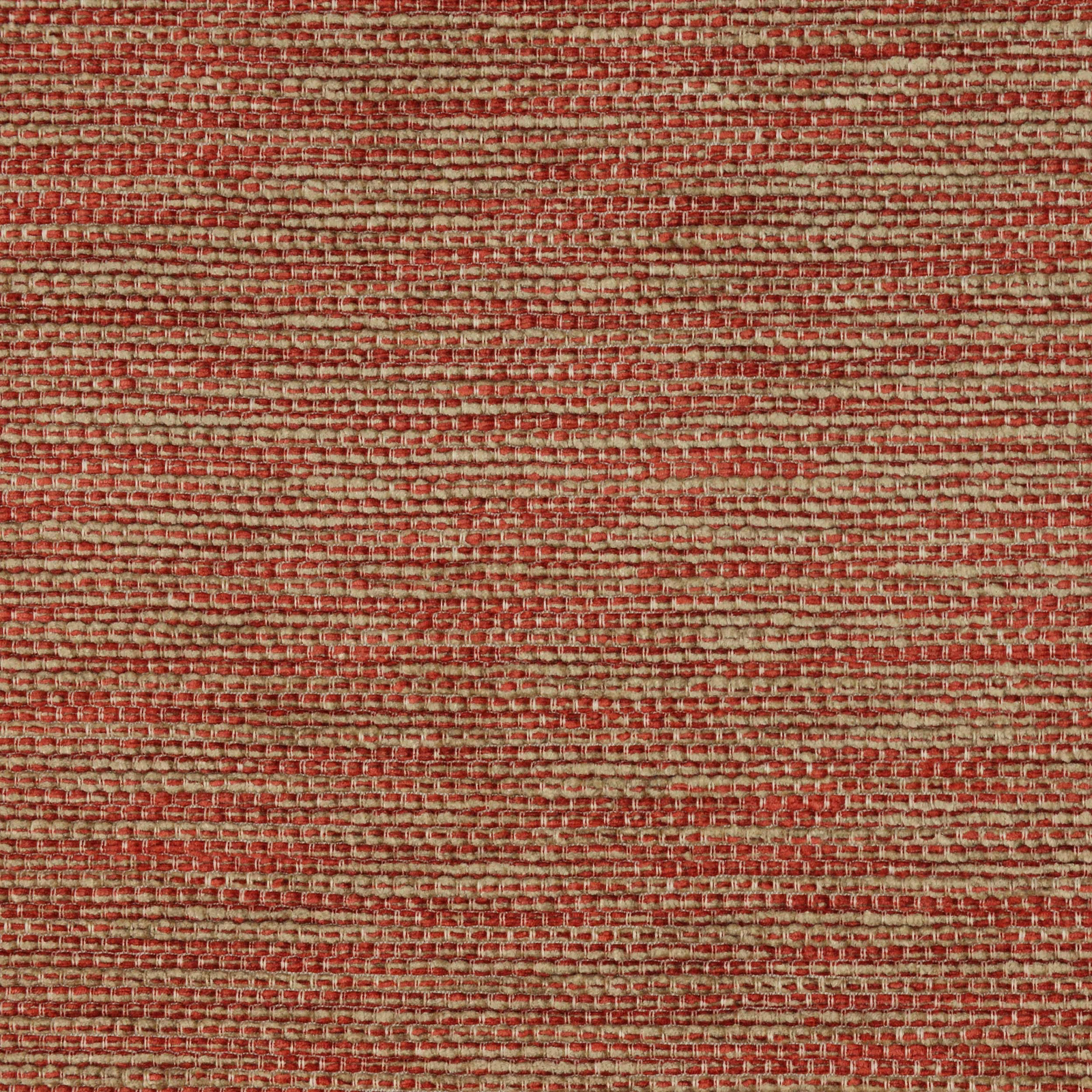 Close-up of warm terracotta-red woven fabric with beige slubs and horizontal texture