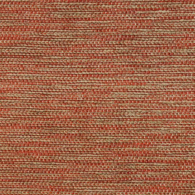 Close-up of warm terracotta-red woven fabric with beige slubs and horizontal texture