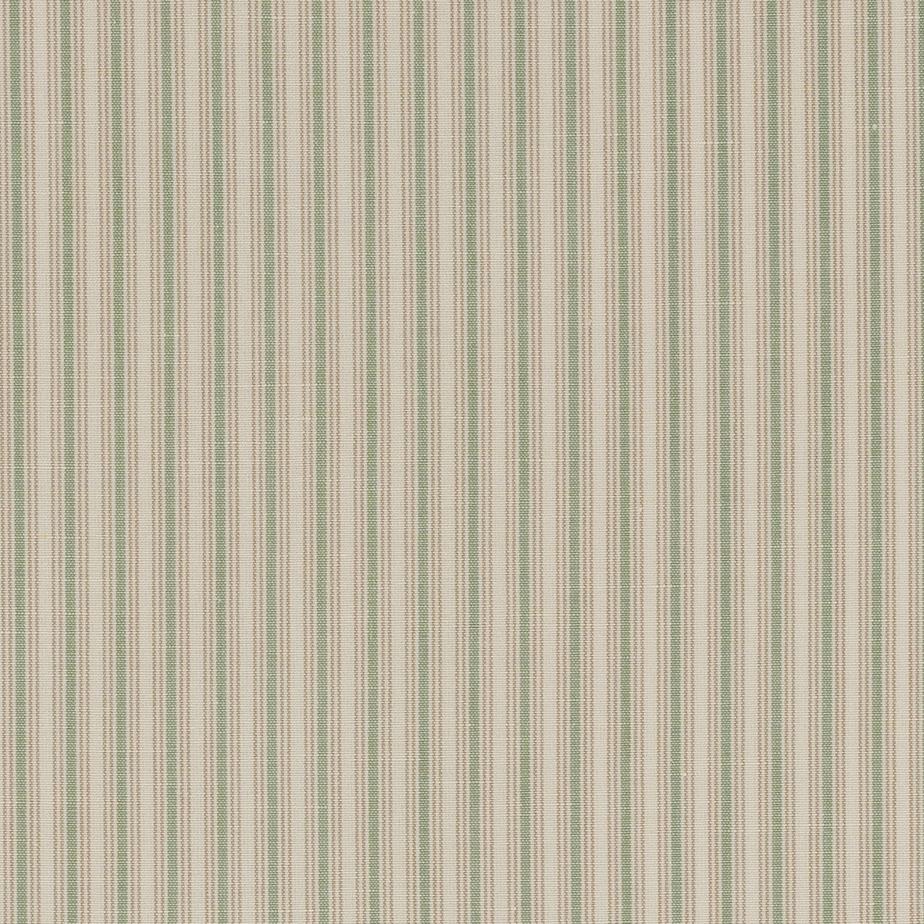 Fine vertical stripe swatch in sage green, ivory and beige on a natural ground
