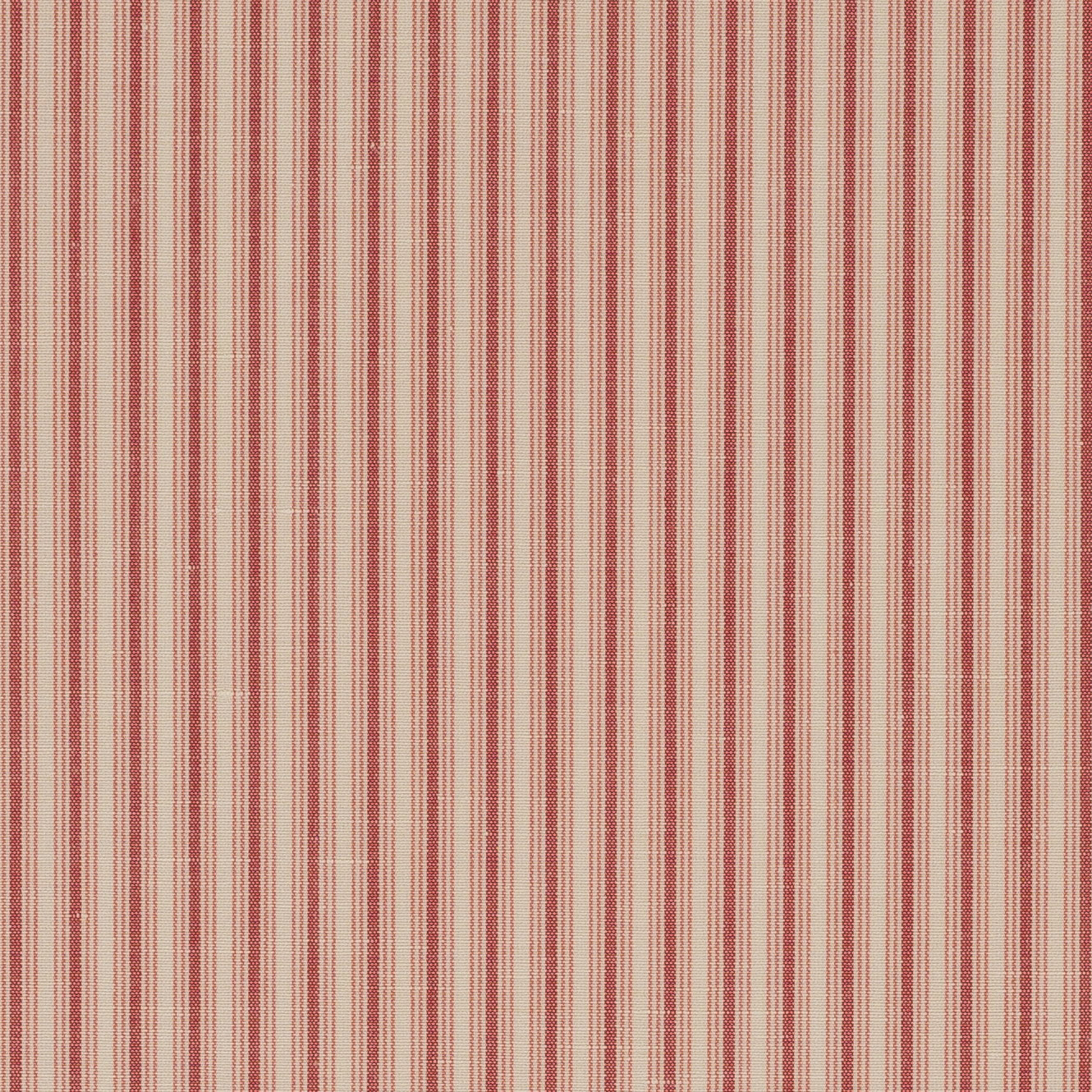 Slim coral-red and natural vertical stripes on a woven linen-cotton swatch