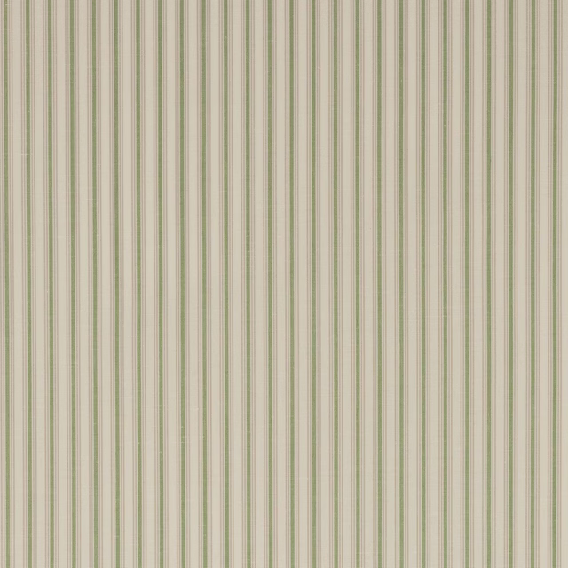 Pale striped fabric with soft leaf green vertical lines on a light ground