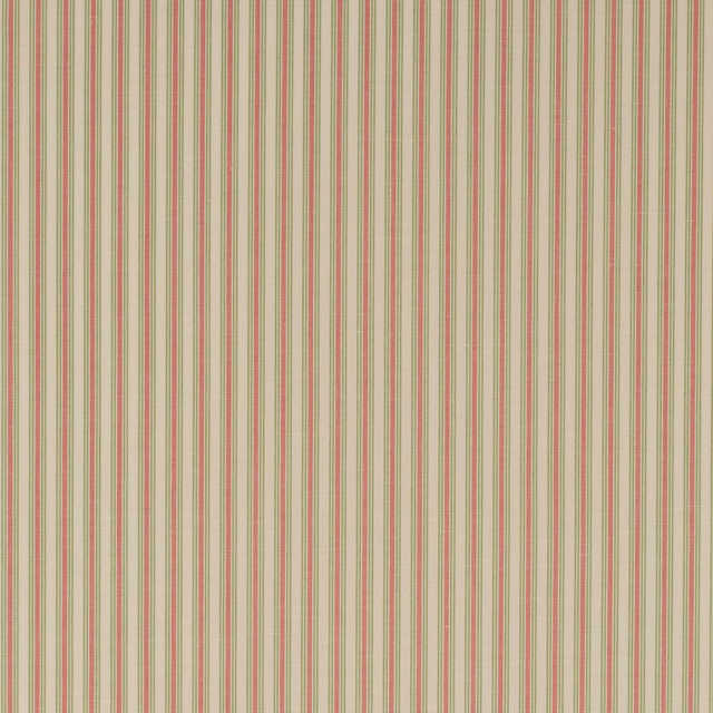 Fine vertical pink and sage stripes on a pale linen-look ground