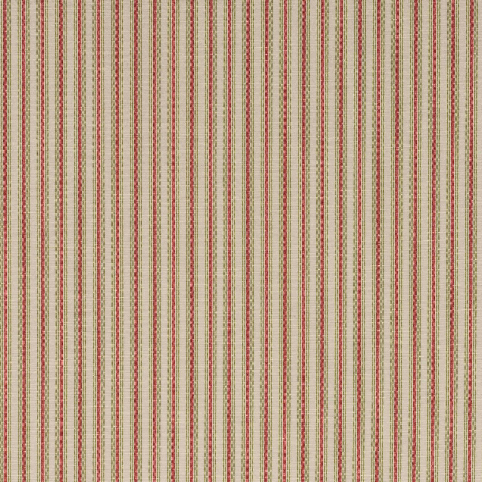 Close-up of narrow red and green stripes on a cream linen-blend fabric