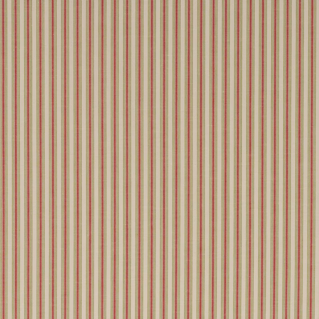 Close-up of narrow red and green stripes on a cream linen-blend fabric