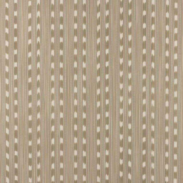 Vertical stone beige stripe fabric with pale cream dotted accents and fine woven texture