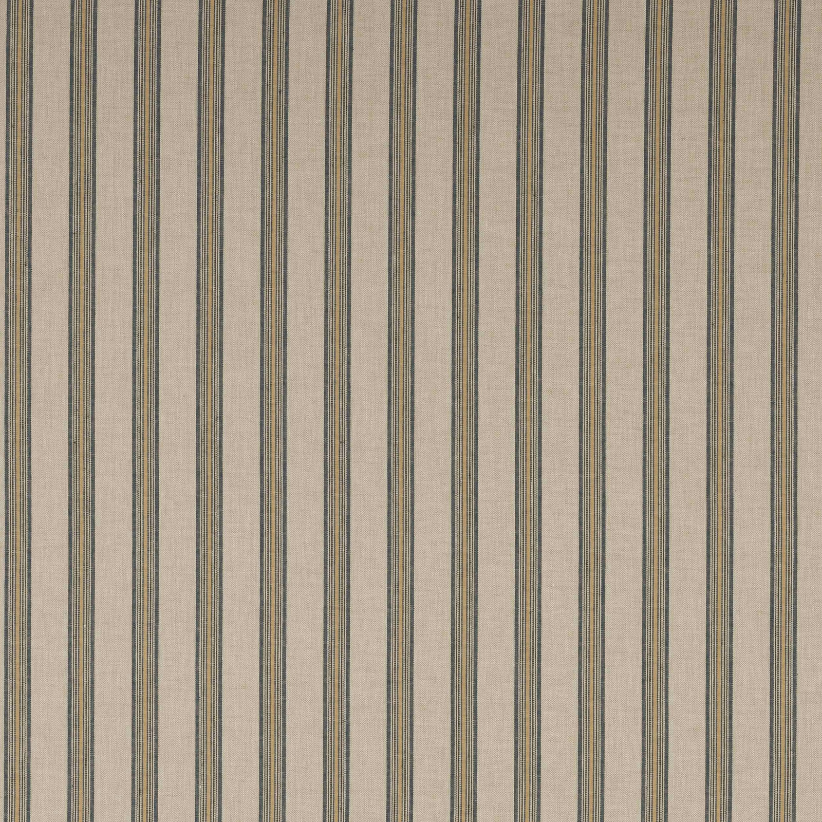 Narrow navy and muted blue stripes on a warm beige linen fabric swatch
