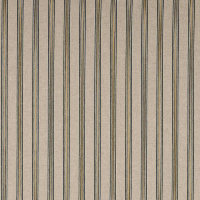 Narrow navy and muted blue stripes on a warm beige linen fabric swatch