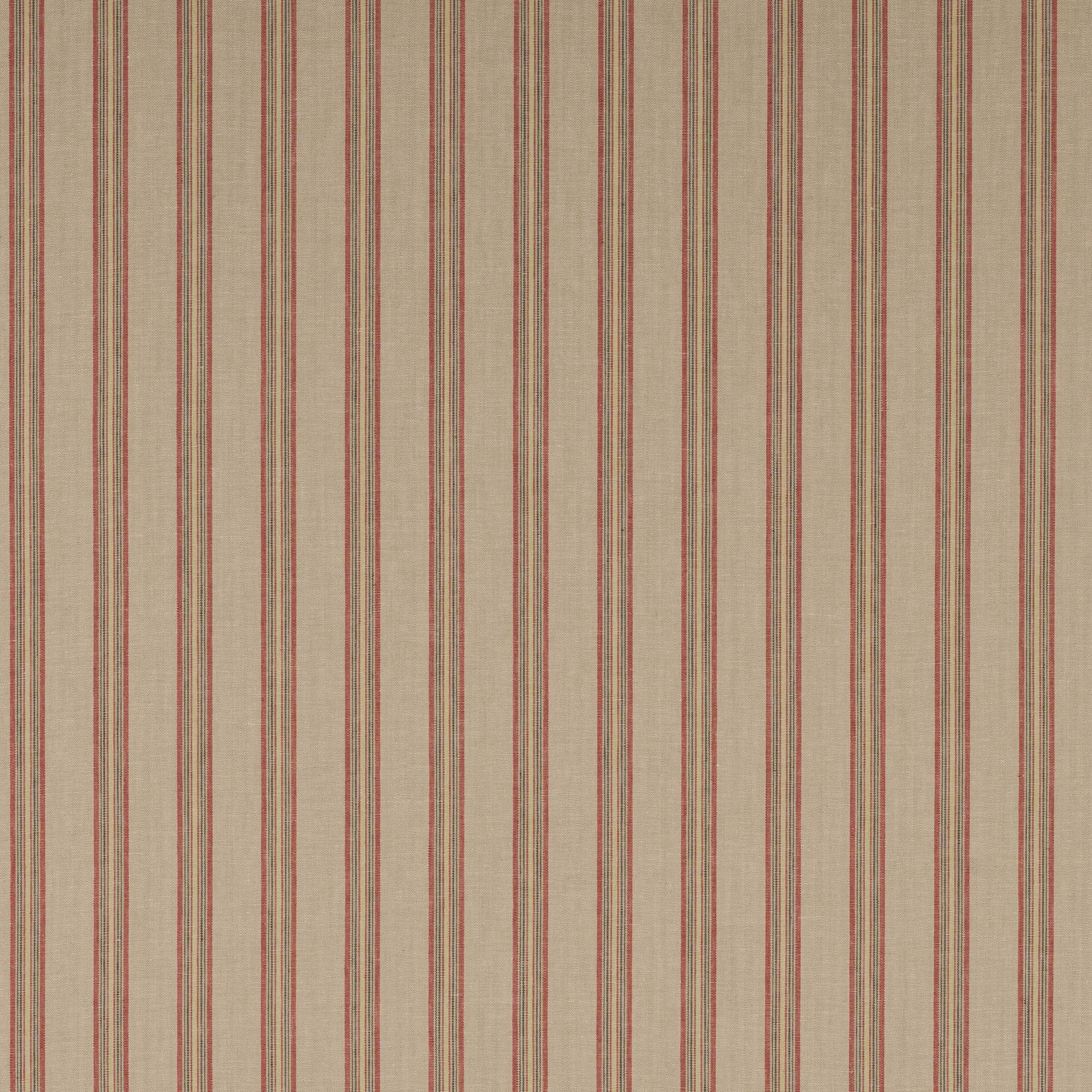 Natural linen stripe fabric with slim tomato red vertical stripes