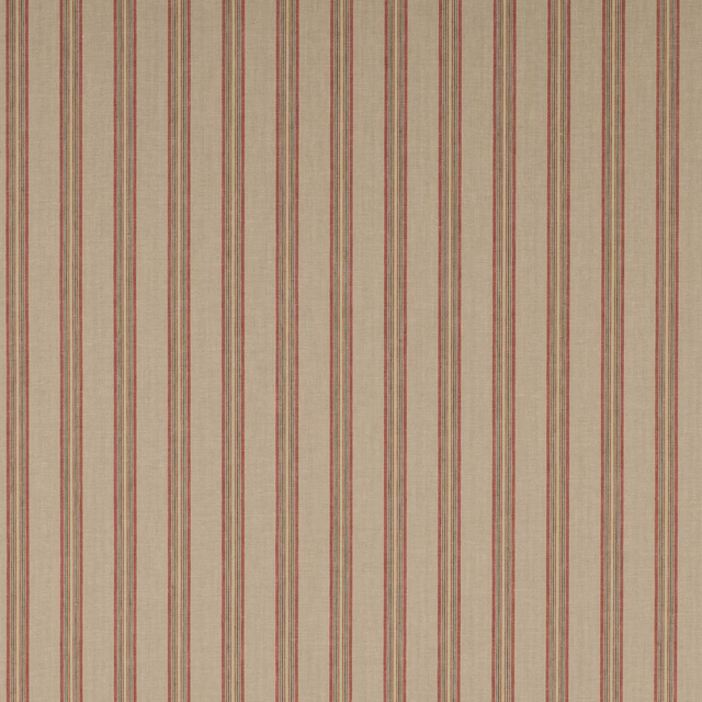 Natural linen stripe fabric with slim tomato red vertical stripes