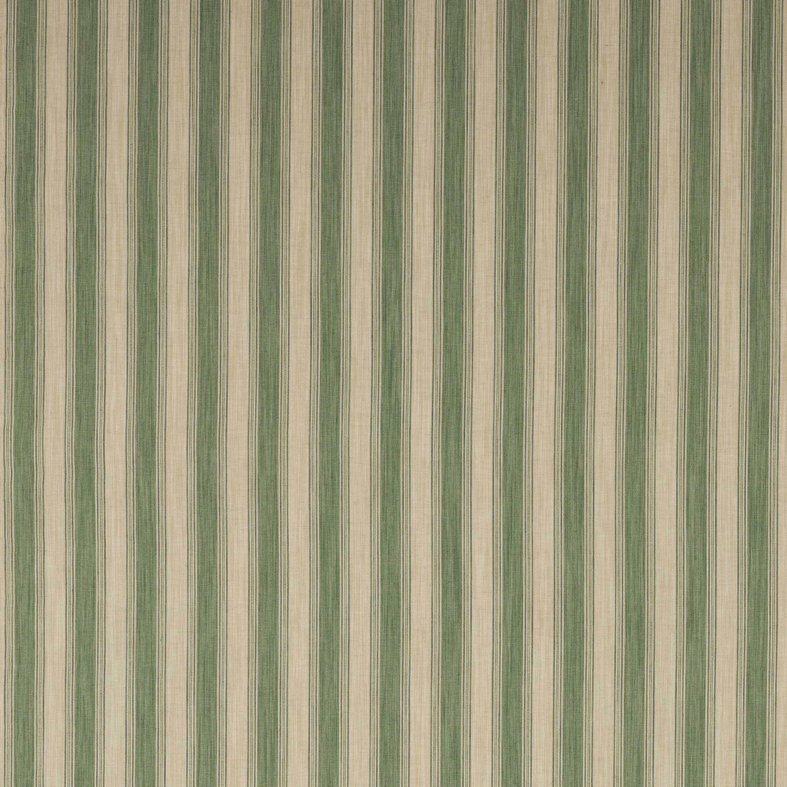 Vertical green and cream striped fabric swatch with fine woven texture