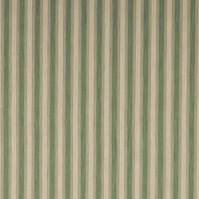 Vertical green and cream striped fabric swatch with fine woven texture