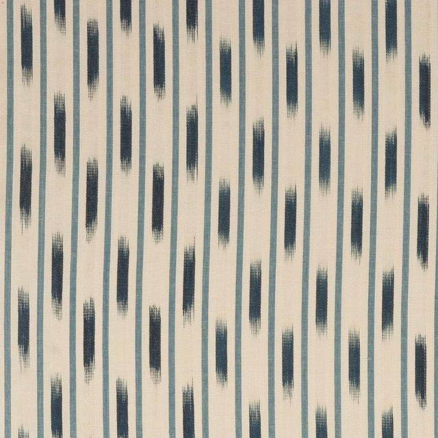 Cream cotton fabric with narrow blue stripes and navy brush-mark dashes