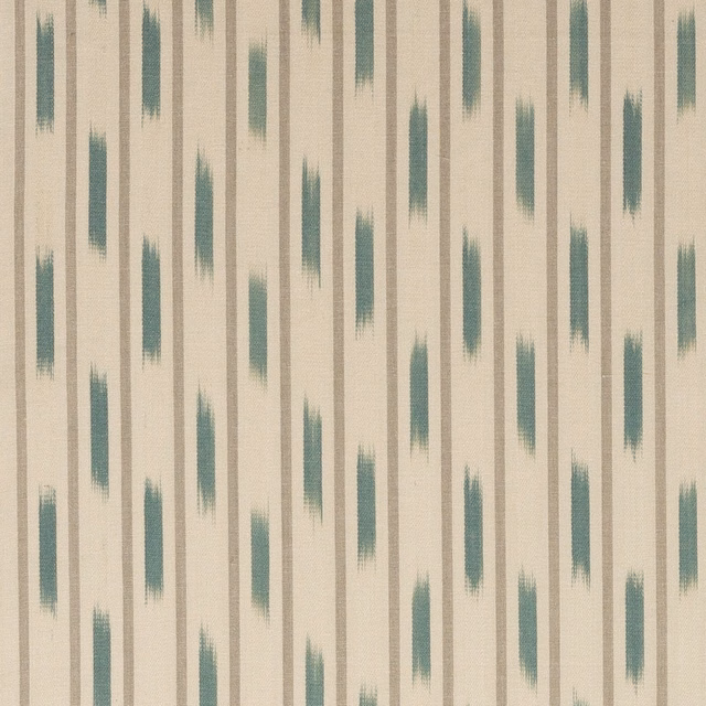 Cream cotton fabric with slender teal-blue vertical stripe marks