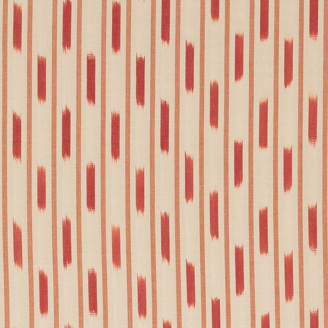 Cream cotton fabric with vertical raspberry-red stripe dashes and a brushed printed texture