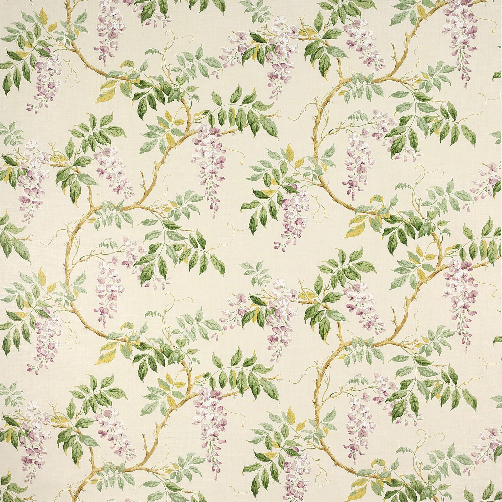 Ivory floral fabric with lilac blossom, sage leaves and golden branches
