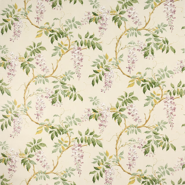 Ivory floral fabric with lilac blossom, sage leaves and golden branches