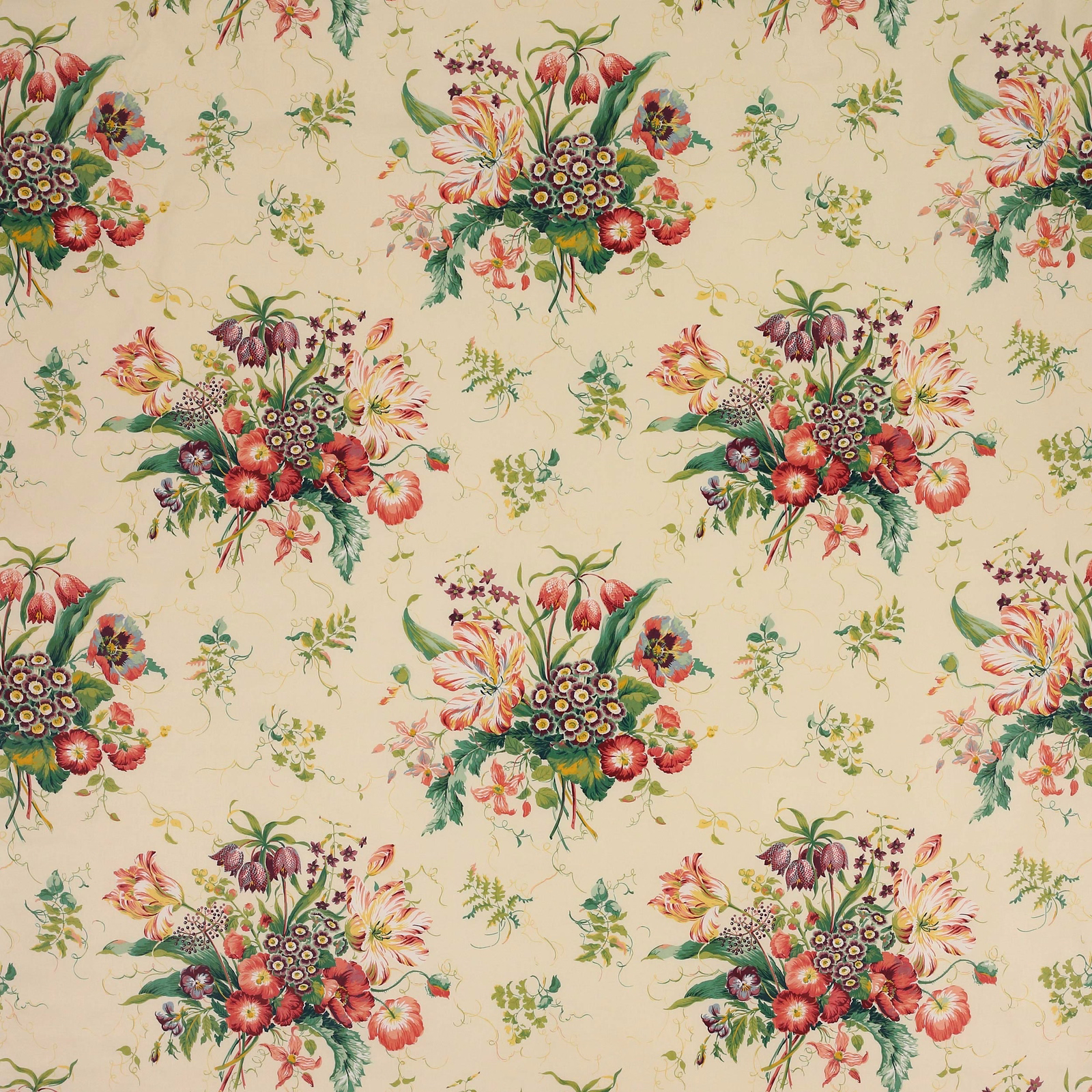 Cream cotton fabric with large pink and green floral chintz bouquets