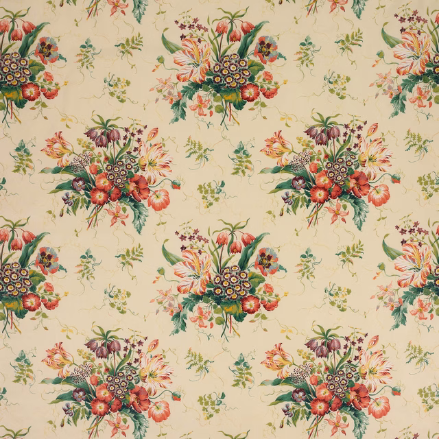 Cream cotton fabric with large pink and green floral chintz bouquets