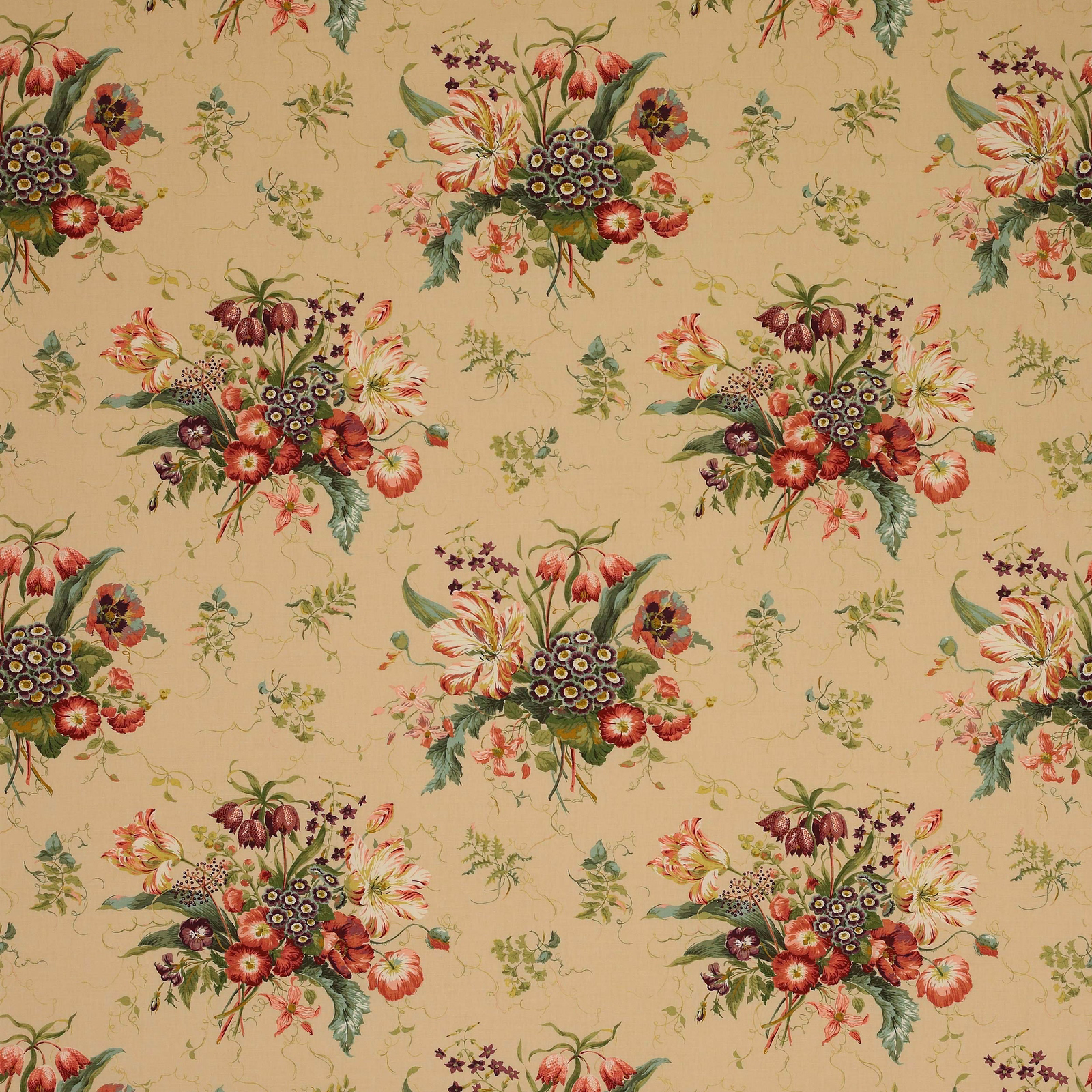 Floral print fabric on warm pink-sand ground with spaced bouquets in coral, berry and green