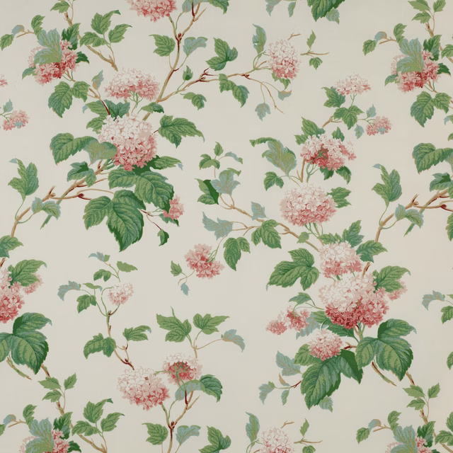 Botanical cotton fabric with pink flower clusters, green leaves and cream ground