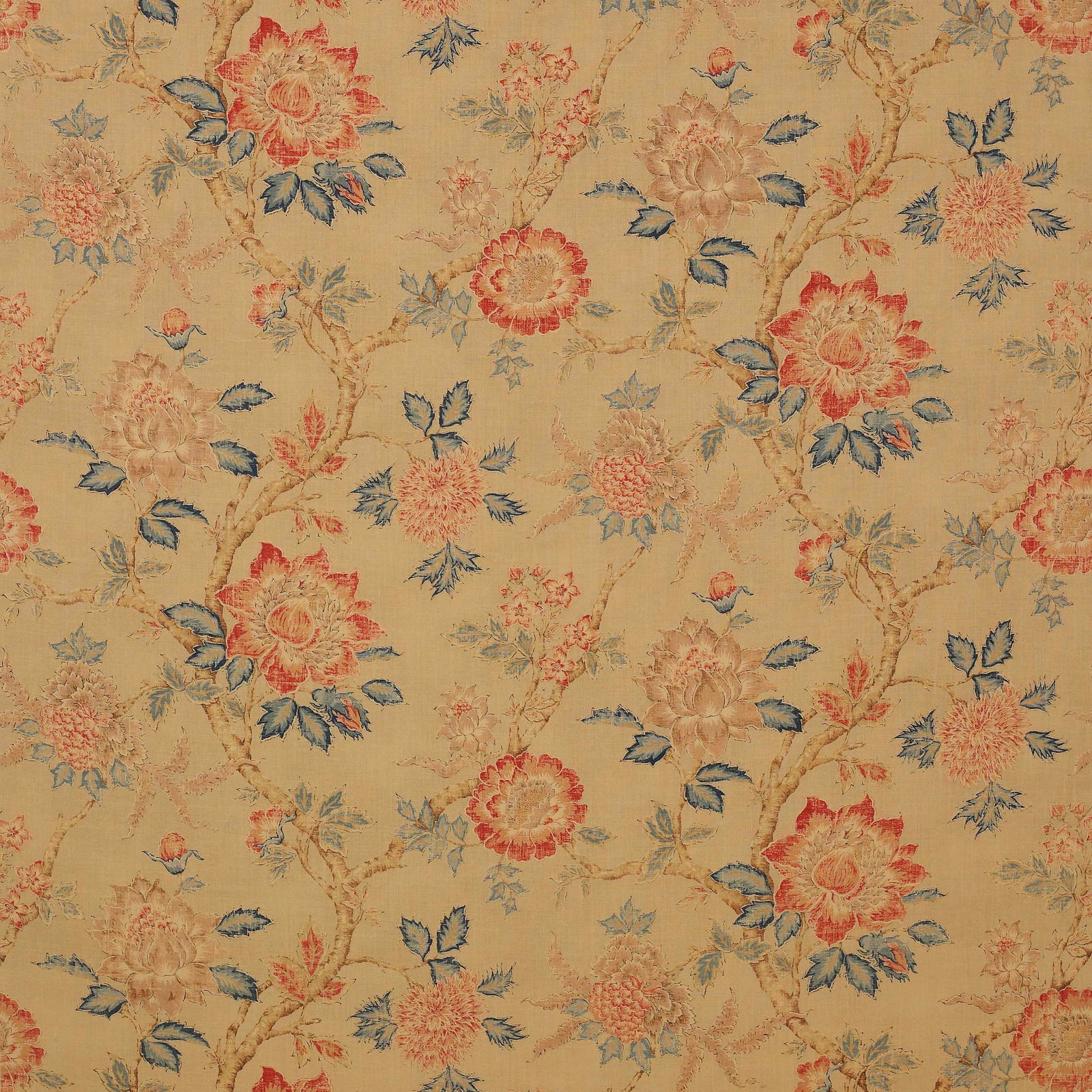 Floral linen swatch with tomato-red blooms, blue leaves and a beige ground