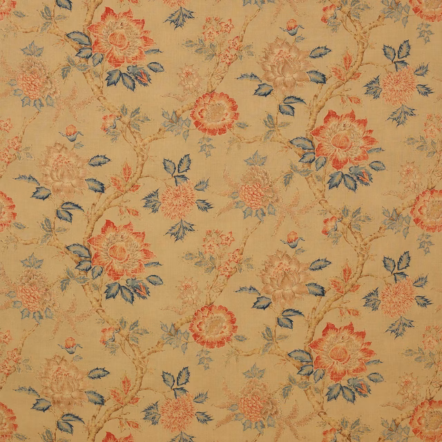 Floral linen swatch with tomato-red blooms, blue leaves and a beige ground