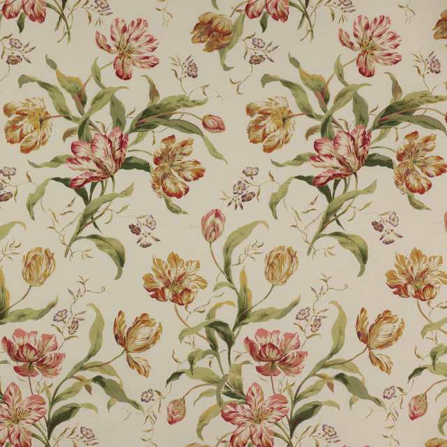 Cream cotton fabric with large pink and ochre tulip print and green leaves