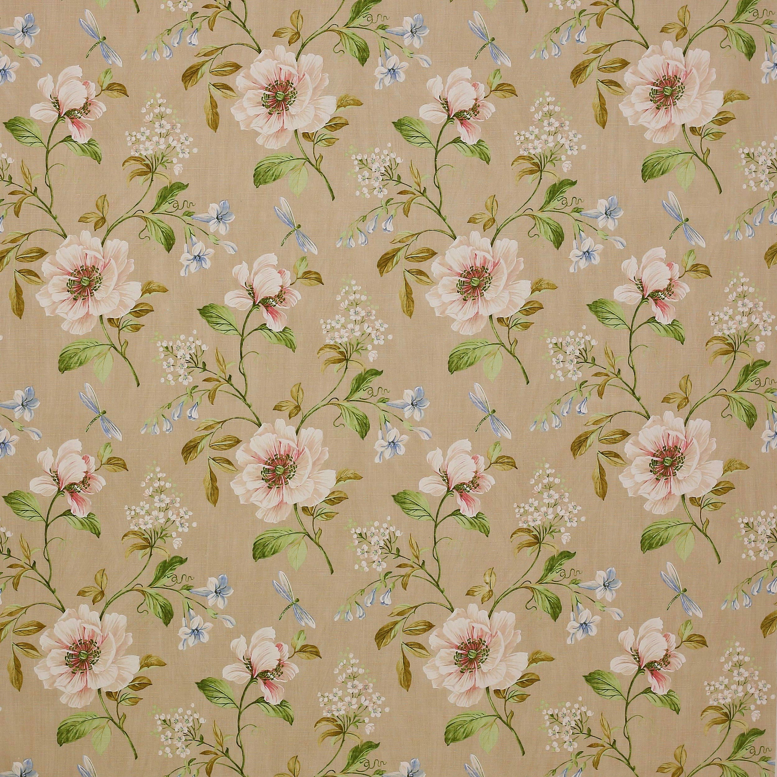 Beige linen fabric with large pink floral sprays and blue butterfly motifs