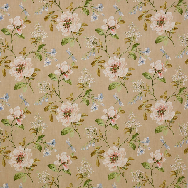 Beige linen fabric with large pink floral sprays and blue butterfly motifs