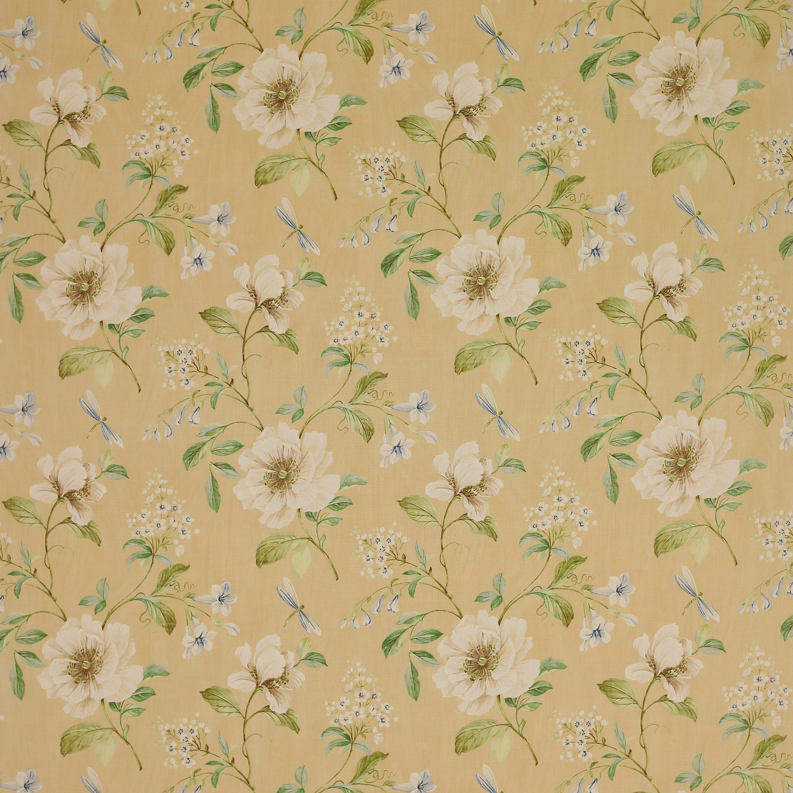 Cream floral linen fabric with green leaves and pale blue dragonflies