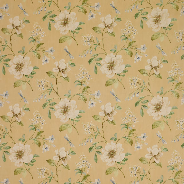 Cream floral linen fabric with green leaves and pale blue dragonflies